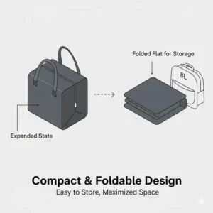 Illustration demonstrating the compact foldable design of an 8 l insulated lunch bag for easy storage.