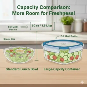 Graphic showing the volume capacity of a large airtight salad container relative to a standard lunch portion.