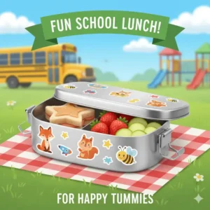 A colorful aluminum bento box with stickers and a star-shaped sandwich for a fun kids school lunch.