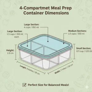 Detailed dimensions and capacity measurements of 4 compartment meal prep containers.