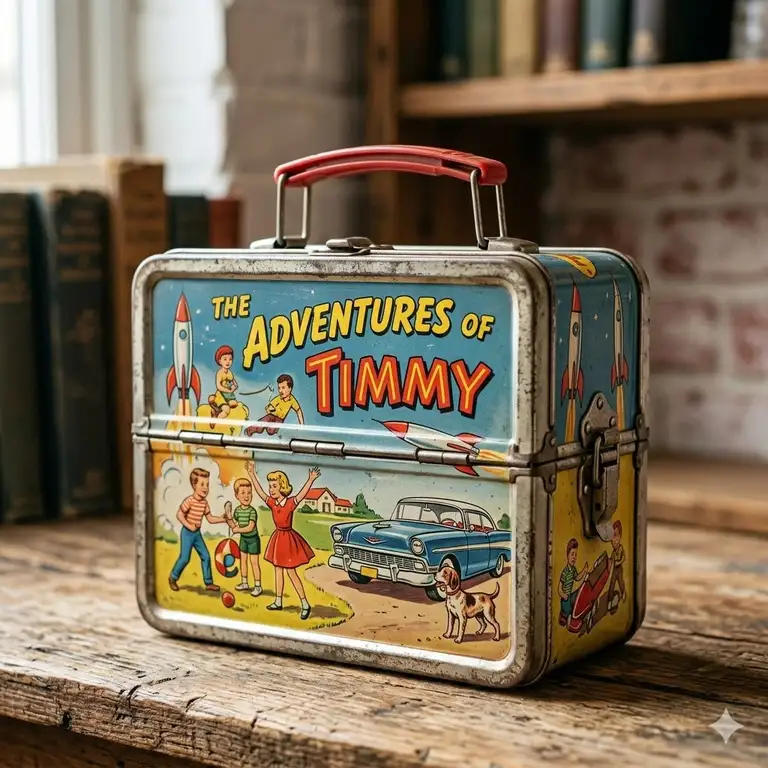 A side-angle view of a vintage antique metal lunch box featuring 1950s pop culture illustrations with a sturdy metal handle and latches.