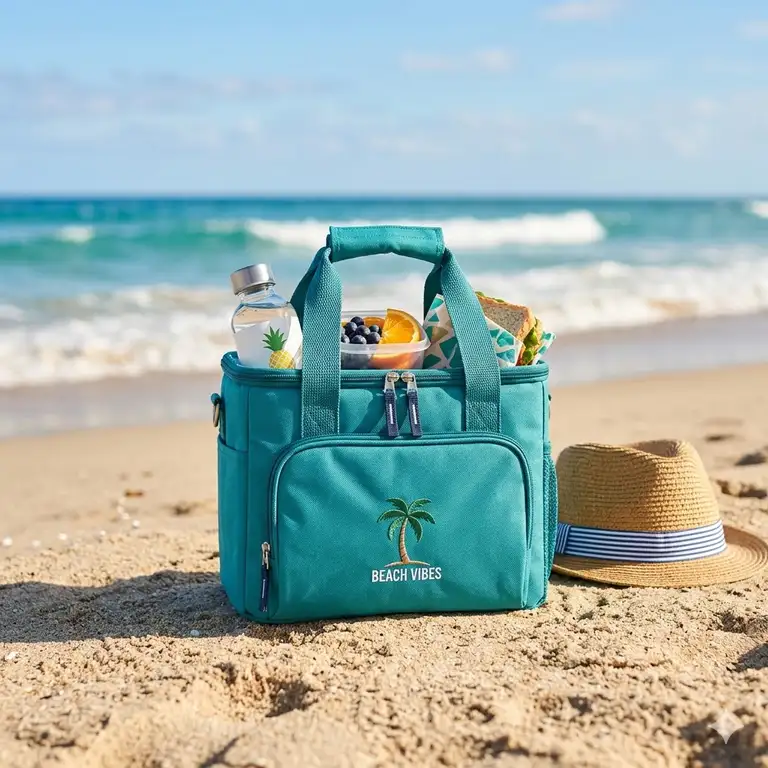 Featured Image: A stylish beachy lunch box placed on a sunny sand beach with ocean waves in the background.