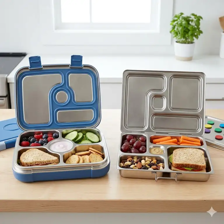 A side-by-side comparison of bentgo stainless steel vs planetbox lunch boxes on a kitchen counter.