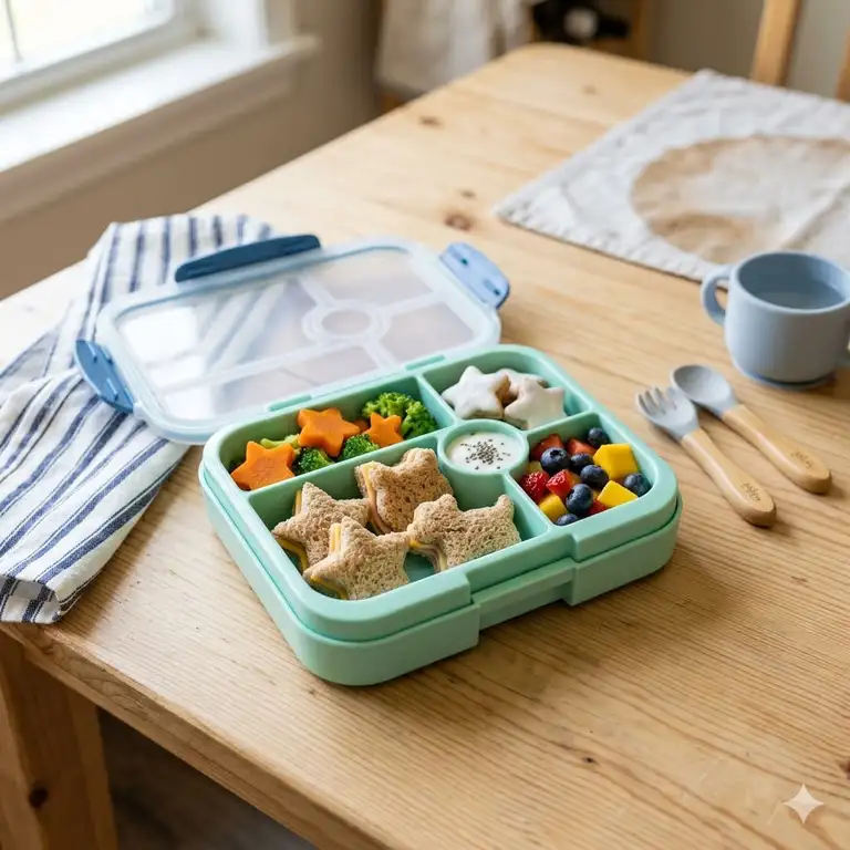 A colorful baby bento box filled with healthy snacks and star-shaped sandwiches on a wooden table.