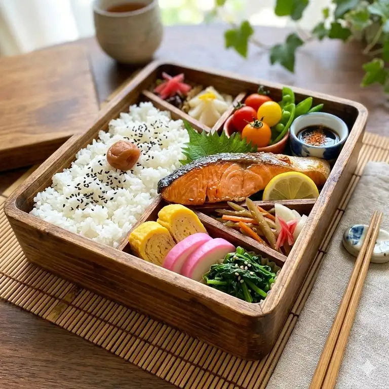 A bustling scene of Thanh Hoa night market with various local cuisine options.b bento box