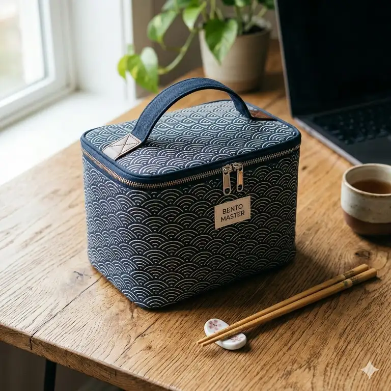 A sleek, insulated bento-style asian lunch bag sitting on a wooden office desk next to a pair of bamboo chopsticks.