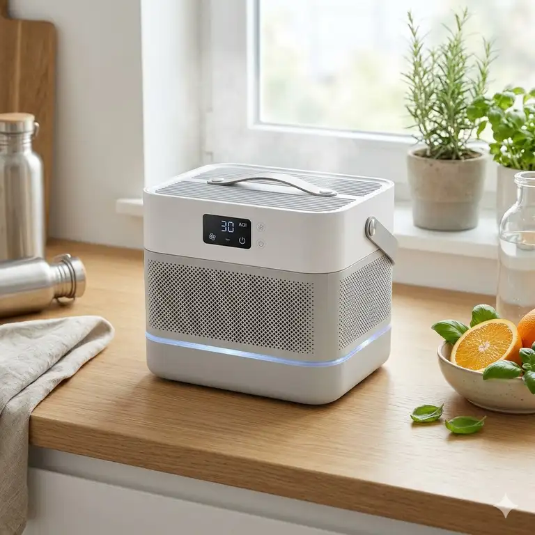 Featured Image: A professional hero shot of a modern bento box air filter on a kitchen counter.