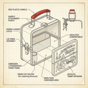A detailed diagram showing the components of an antique metal lunch box including the wire handle and hinged lid.