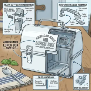 An illustration showing the heavy-duty construction of a durable metal american made lunch box.