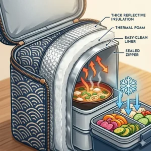 Internal view of an asian lunch bag showing the thick thermal insulation layer for temperature control.
