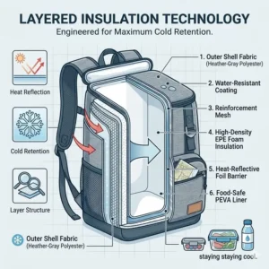 Illustration showing the multi-layered thermal insulation of a backpack cooler lunch box.