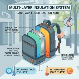 A technical diagram showing the multi-layer thermal insulation system of this backpack lunch bag for adults.