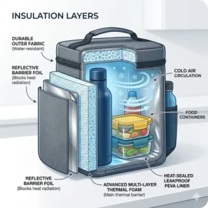 Illustration 1: Diagram showing the multi-layer thermal insulation of a backpack lunch pail.
