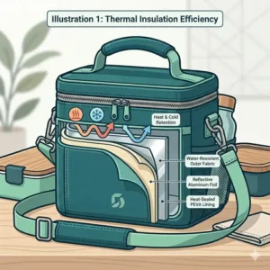 Diagram showing the multi-layered thermal insulation technology used in this bento box carrier.