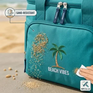 Illustration 2: Close-up showing the sand-resistant fabric of a beachy lunch box being wiped clean.