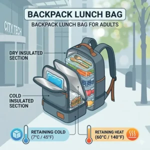 Interior view of a dual compartment backpack lunch bag for adults separating warm meals from cold drinks.