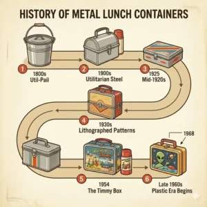An illustrated timeline showing the progression and history of the antique metal lunch box from miners' pails to character boxes.