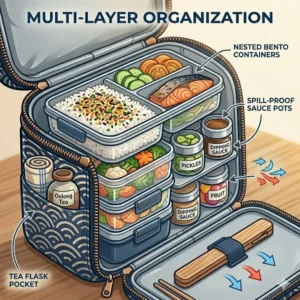 Illustration of an open asian lunch bag revealing multiple compartments filled with stacked bento boxes and a side pocket for tea.