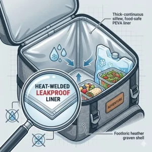 Close-up illustration of the heat-welded leakproof interior liner of the backpack cooler lunch box.