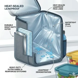 Illustration 2: Close-up of the heat-sealed leakproof interior lining of a backpack lunch pail.