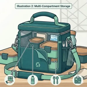 An open view of the bento box carrier demonstrating multi-compartment storage for containers and snacks