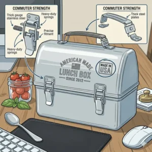 A sleek professional american made lunch box sitting on an office desk next to a laptop.