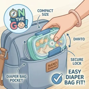 A compact baby bento box being placed into a side pocket of a modern diaper bag.