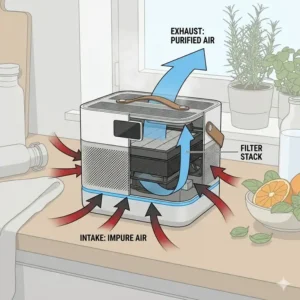 Illustration 2: A technical diagram explaining the airflow mechanism and purification process of the bento box air filter.