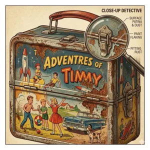 An illustration highlighting authentic aging signs on an antique metal lunch box such as corner rust and surface scratches.