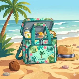 Illustration 3: A vibrant illustration of a beachy lunch box featuring tropical palm leaf patterns.