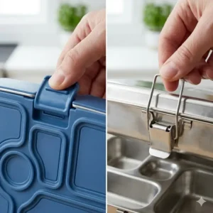 Detailed view of the opening latches on the bentgo stainless steel vs planetbox for kids.