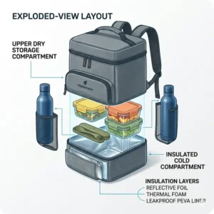 Illustration 3: Exploded-view layout highlighting the separate compartments of a backpack lunch pail.