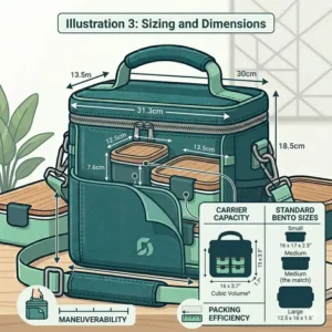 Technical drawing showing the exact dimensions and sizing guide for a standard bento box carrier.