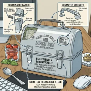 An illustration of a sustainable and eco-friendly american made lunch box made with recycled materials.