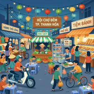 A busy view of the Thanh Hoa night market crowd and stalls selling snacks.