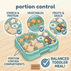 Illustration of the different portion control compartments inside a baby bento box for toddlers.