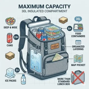 An infographic illustration showing the food and drink storage capacity of a backpack cooler lunch box.