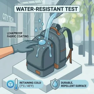 A demonstration of the water-resistant and leakproof fabric used in a high-quality backpack lunch bag for adults.