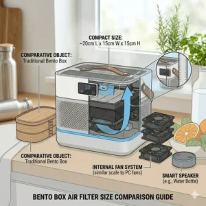 Illustration 3: A size comparison guide showing the compact dimensions of the bento box air filter next to a lunch box.