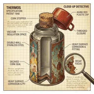 A colorful illustration of a matching glass-lined vacuum thermos standing next to an open antique metal lunch box.