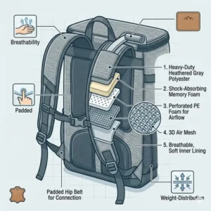 Illustration of the breathable mesh padded shoulder straps on a backpack cooler lunch box.