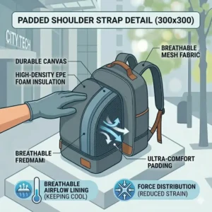 Close-up detail of the breathable mesh padded shoulder straps on a backpack lunch bag for adults for maximum comfort.