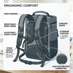 Illustration 4: Detailed view of the ergonomic padded shoulder straps on a backpack lunch pail.