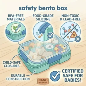 Graphic showing the non-toxic and BPA-free materials used to manufacture a baby bento box.