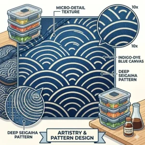 Detailed illustration of a traditional Japanese wave pattern on a fabric asian lunch bag.