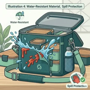 Close-up of the water-resistant fabric and spill protection features of the bento box carrier.