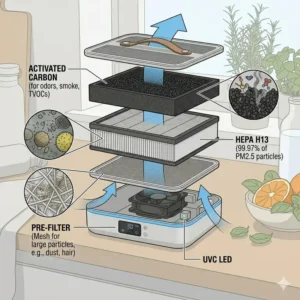 Illustration 4: An exploded view of the multi-layered filtration system inside the bento box air filter.