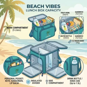 Illustration 5: Infographic showing the large storage capacity and compartments of a beachy lunch box.