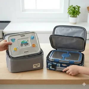 Showing how the bentgo stainless steel vs planetbox fits inside a standard insulated lunch bag.