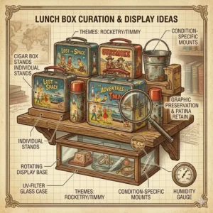 A stylized illustration of a curated collection of antique metal lunch box items arranged on a wooden wall shelf for home decor.